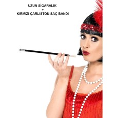 1920'ler 1990'lar Gatsby Kadın Aksesuar Seti – Kırmızı Charleston Saç Bandı ve Sigaralık