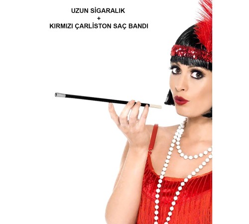 1920'ler 1990'lar Gatsby Kadın Aksesuar Seti – Kırmızı Charleston Saç Bandı ve Sigaralık