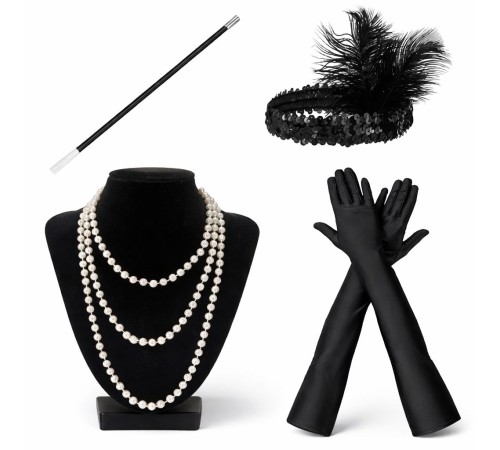 1920’ler Çarliston Aksesuar Seti – İnci Kolye, Eldiven, Sigara Tutucu, Siyah Saç Bandı