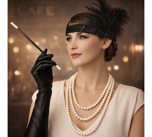 1920’ler Çarliston Aksesuar Seti – İnci Kolye, Eldiven, Sigara Tutucu, Siyah Saç Bandı