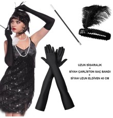 1920'ler Gatsby Aksesuar Seti – Siyah Charleston Saç Bandı, Uzun Eldiven & Sigaralık