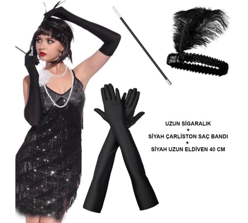 1920'ler Gatsby Aksesuar Seti – Siyah Charleston Saç Bandı, Uzun Eldiven & Sigaralık