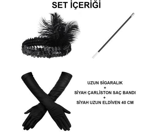 1920'ler Gatsby Aksesuar Seti – Siyah Charleston Saç Bandı, Uzun Eldiven & Sigaralık
