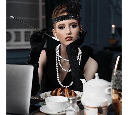 1920'ler Gatsby Aksesuar Seti – Siyah Charleston Saç Bandı, Uzun Eldiven & Sigaralık