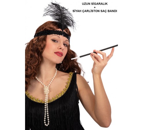 1920'ler Gatsby Aksesuar Seti – Siyah Charleston Saç Bandı & Sigaralık