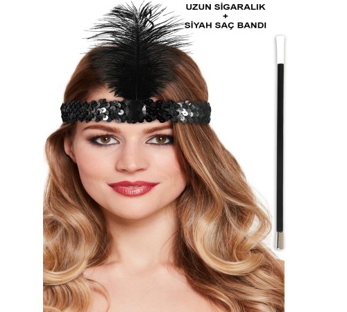1920'ler Gatsby Aksesuar Seti – Siyah Charleston Saç Bandı & Sigaralık