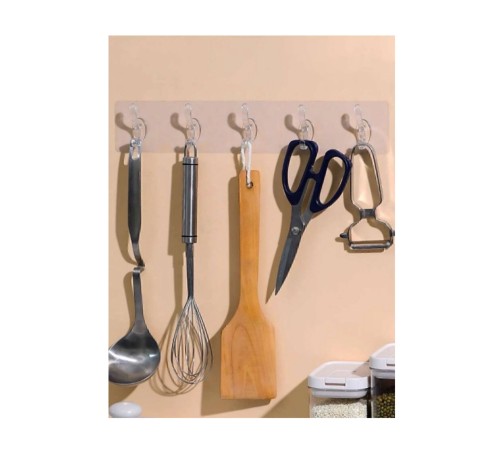 2 Adet Kendinden Yapışkanlı Güçlü Şeffaf 5li Askılık - Kapı Arkası Mutfak Duvar Banyo