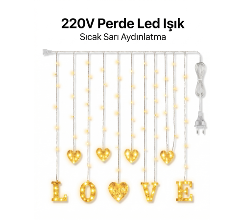 3 Metre Perde Led Işık - 8 Modlu Kalp ve LOVE Figürlü Dekoratif Animasyonlu Led