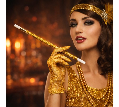 30 cm Altın Gold Payetli Sigara Tutacağı – 1920’ler Gatsby Parti Aksesuarı