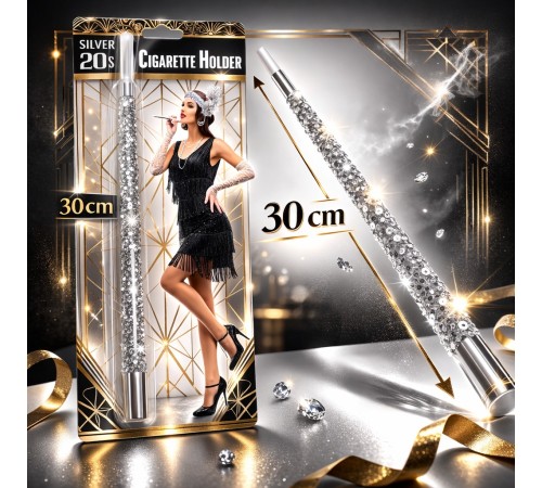 30 cm Gümüş Payetli Sigara Tutacağı – 1920’ler Gatsby Parti Aksesuarı