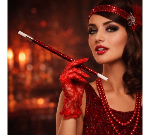 30 cm Kırmızı Payetli Sigara Tutacağı – 1920’ler Gatsby Parti Aksesuarı