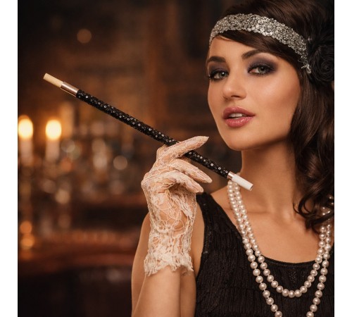 30 cm Siyah Payetli Sigara Tutacağı – 1920’ler Gatsby Parti Aksesuarı