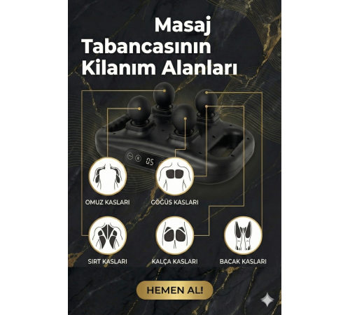 4 Başlıklı Masaj Tabancası - Ergonomik Derin Doku Sırt ve Boyun Masaj Aleti Ağrı ve Sızı Giderici