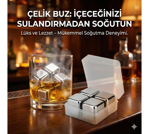 4'lü Çelik Metal Kaplama Viski Taşı Soğutma Buz Küpü