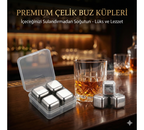4'lü Çelik Metal Kaplama Viski Taşı Soğutma Buz Küpü