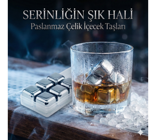 6'lı Çelik Metal Kaplama Viski Taşı Soğutma Buz Küpü