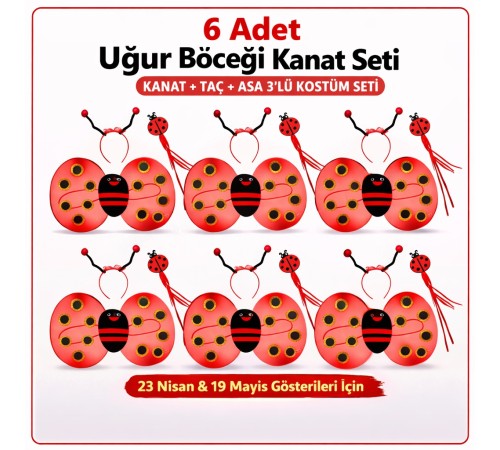 6'lı Uğur Böceği Ateş Böceği Kostüm Seti – Kanat Taç Asa