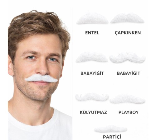 6’lı Yapışkanlı Beyaz Parti Bıyık Seti – Farklı Modeller