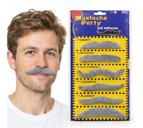 6’lı Yapışkanlı Gri Parti Bıyık Seti – Farklı Modeller