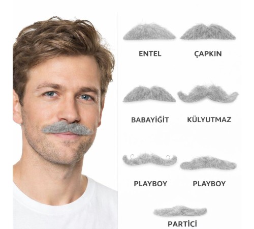 6’lı Yapışkanlı Gri Parti Bıyık Seti – Farklı Modeller