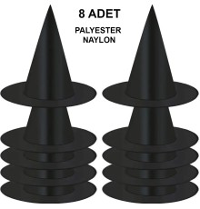 8 Adet Siyah Cadı Şapkası – Yetişkin & Çocuk Kostüm Aksesuarı