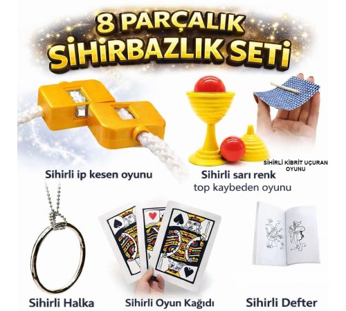 8’li Sihirbazlık Seti (Kibrit, Defter, Halka, Kupa, İp, 3’lü Kart)