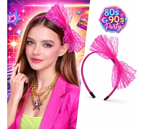 80’ler 90’lar Neon Pembe Dantel Taç Fiyonklu