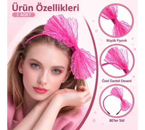 80’ler 90’lar Neon Pembe Dantel Taç Fiyonklu