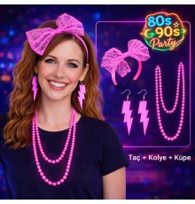 80’ler 90’lar Neon Pembe Parti Seti – Kolye Küpe Taç
