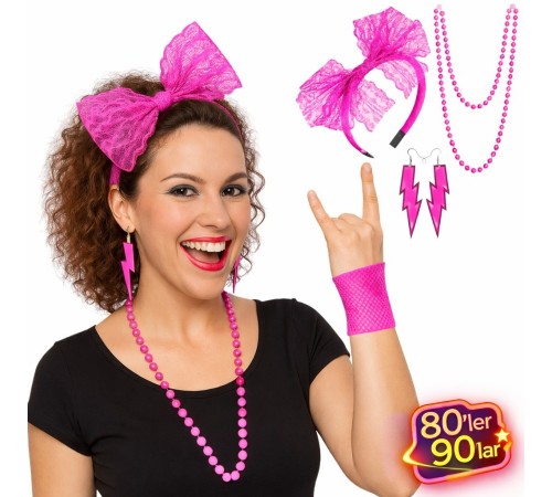 80’ler 90’lar Neon Pembe Parti Seti – Kolye Küpe Taç