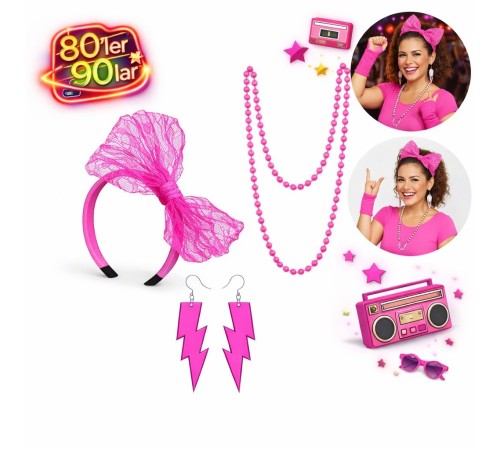 80’ler 90’lar Neon Pembe Parti Seti – Kolye Küpe Taç
