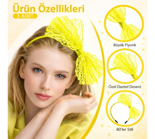 80’ler 90’lar Neon Sarı Dantel Taç Fiyonklu