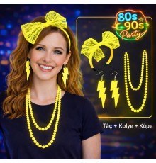 80’ler 90’lar Neon Sarı Parti Seti – Kolye Küpe Taç