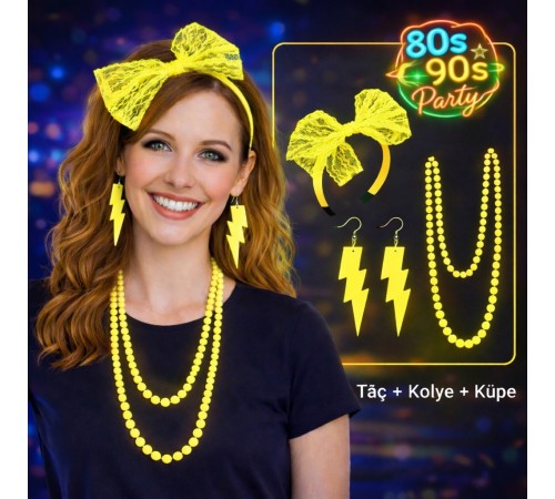 80’ler 90’lar Neon Sarı Parti Seti – Kolye Küpe Taç