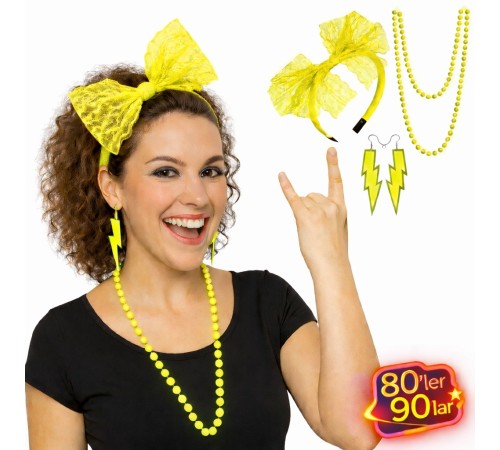 80’ler 90’lar Neon Sarı Parti Seti – Kolye Küpe Taç