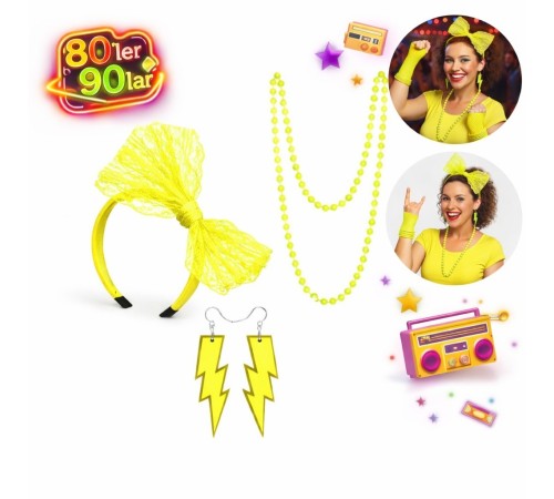80’ler 90’lar Neon Sarı Parti Seti – Kolye Küpe Taç