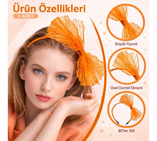 80’ler 90’lar Neon Turuncu Dantel Taç Fiyonklu