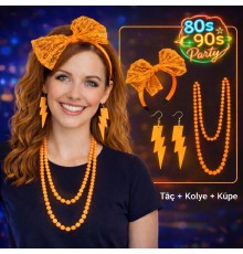 80’ler 90’lar Neon Turuncu Parti Seti – Kolye Küpe Taç