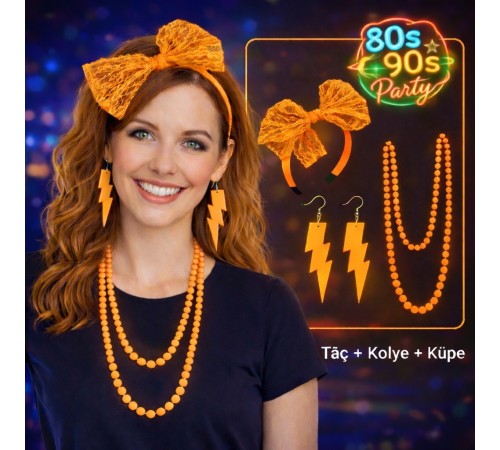 80’ler 90’lar Neon Turuncu Parti Seti – Kolye Küpe Taç