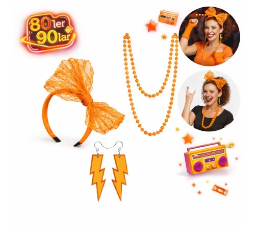 80’ler 90’lar Neon Turuncu Parti Seti – Kolye Küpe Taç