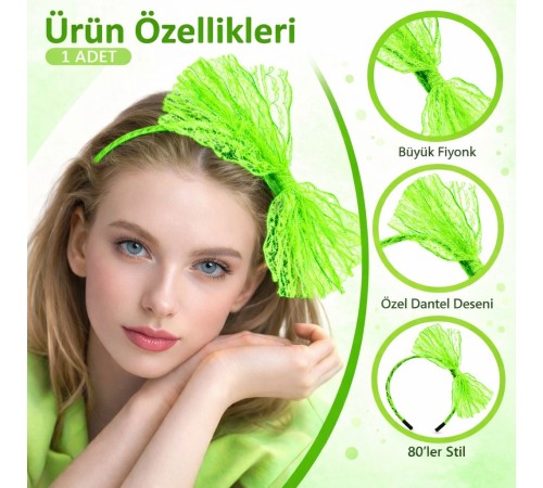 80’ler 90’lar Neon Yeşil Dantel Taç Fiyonklu
