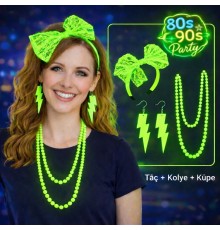80’ler 90’lar Neon Yeşil Parti Seti – Kolye Küpe Taç