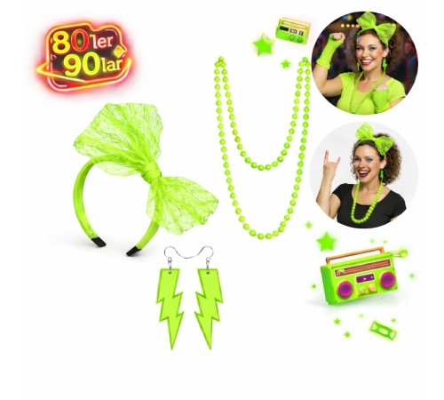 80’ler 90’lar Neon Yeşil Parti Seti – Kolye Küpe Taç