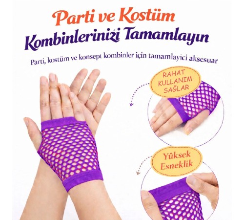 80’ler 90’lar Retro Mor File Parmaksız Kısa Eldiven 11 cm