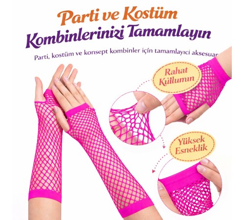 80’ler 90’lar Retro Neon Fuşya Şeker Pembesi File Parmaksız Eldiven 26 cm