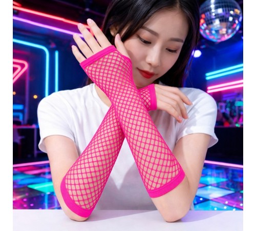 80’ler 90’lar Retro Neon Fuşya Şeker Pembesi File Parmaksız Eldiven 26 cm