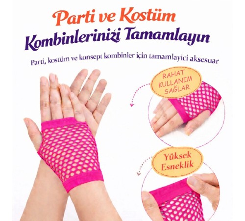 80’ler 90’lar Retro Neon Fuşya Şeker Pembesi File Parmaksız Kısa Eldiven 11 cm