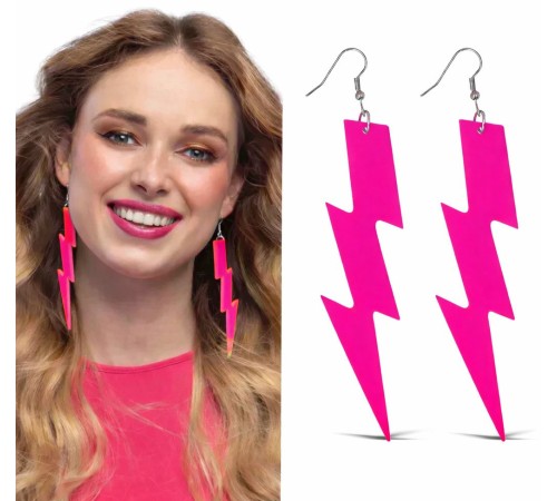 80’ler 90'lar Retro Neon Pembe Şimşek Küpe 10 cm