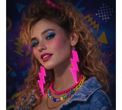 80’ler 90'lar Retro Neon Pembe Şimşek Küpe 10 cm