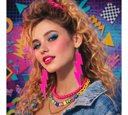 80’ler 90'lar Retro Neon Pembe Şimşek Küpe 10 cm